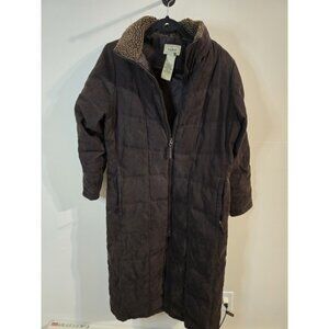Vintage LL Bean Women PM Faux Suede Quilt Goose Down Parka Coat Sherpa Collar